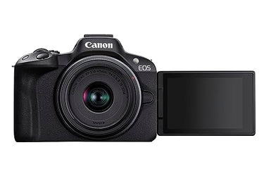 Canon EOS R50 Systemkamera + RF-S 18-45mm is STM Objektiv - Spiegellose Kamera (Digitalkamera mit Autofokus + Motiverkennung für Personen Augen Tiere Fahrzeuge, 4k Video, 15 Bilder pro Sek.) schwarz im Sale